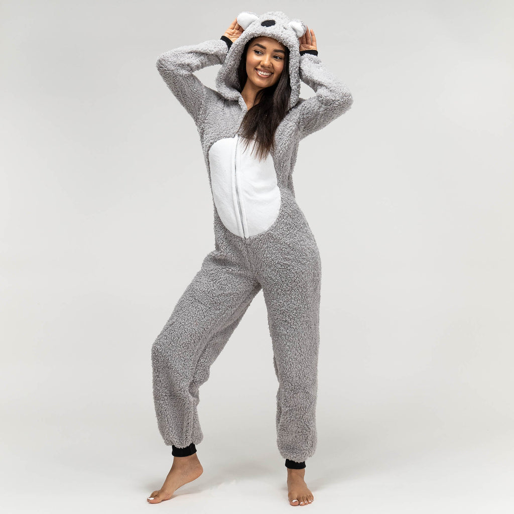 Pijama mono polar Koala para mujer, diseño con capucha, Talla: S-XL, Gris / Blanco – Bertha Original ES