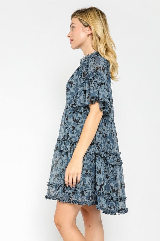 Navy Floral Ruffle Babydoll Dress