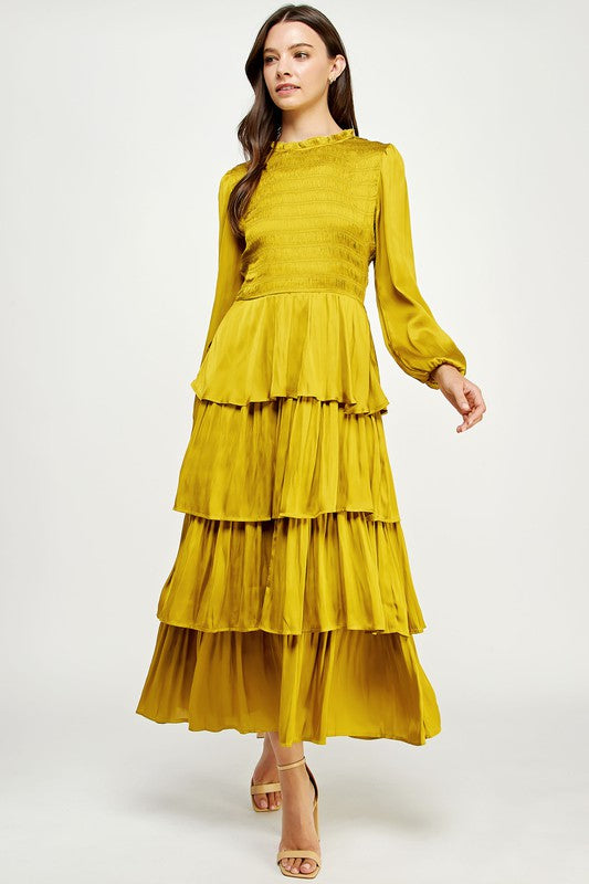 Chartreuse Smocked Satin Tiered Maxi Dress – Lucy Rose