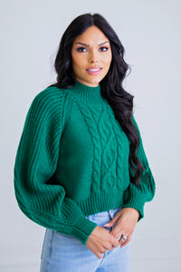 Green Cable Mock Sweater