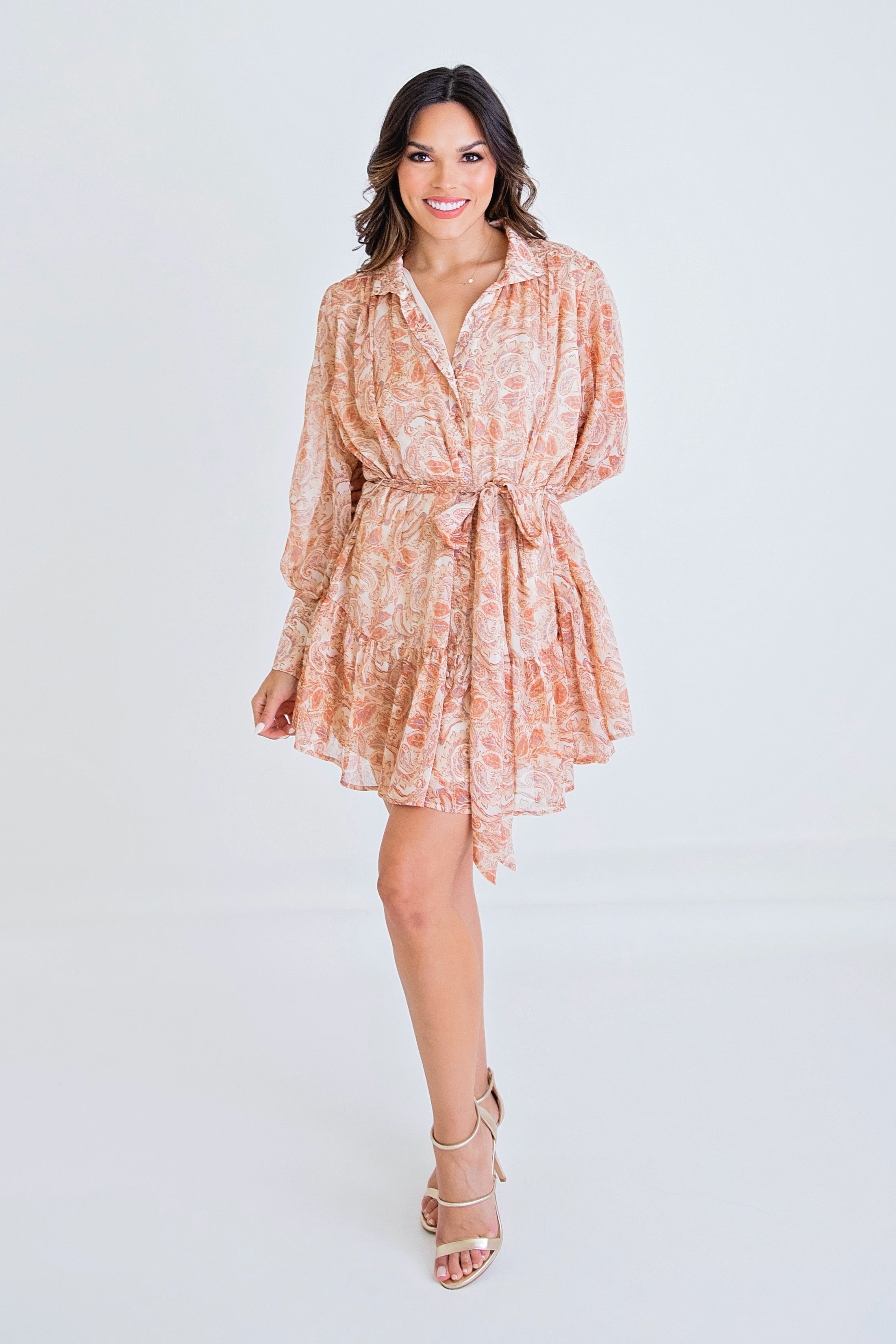 Peach Paisley Button Down Dress