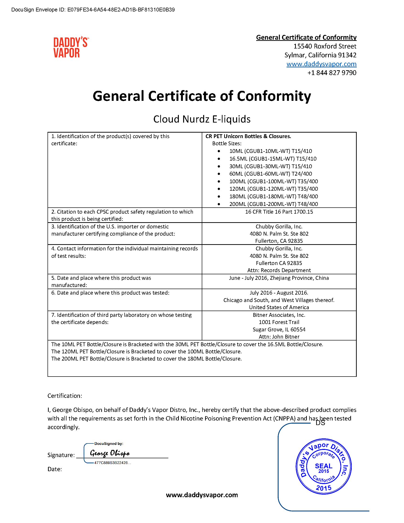 Cloud Nurdz E-liquids General Certificate of Conformity