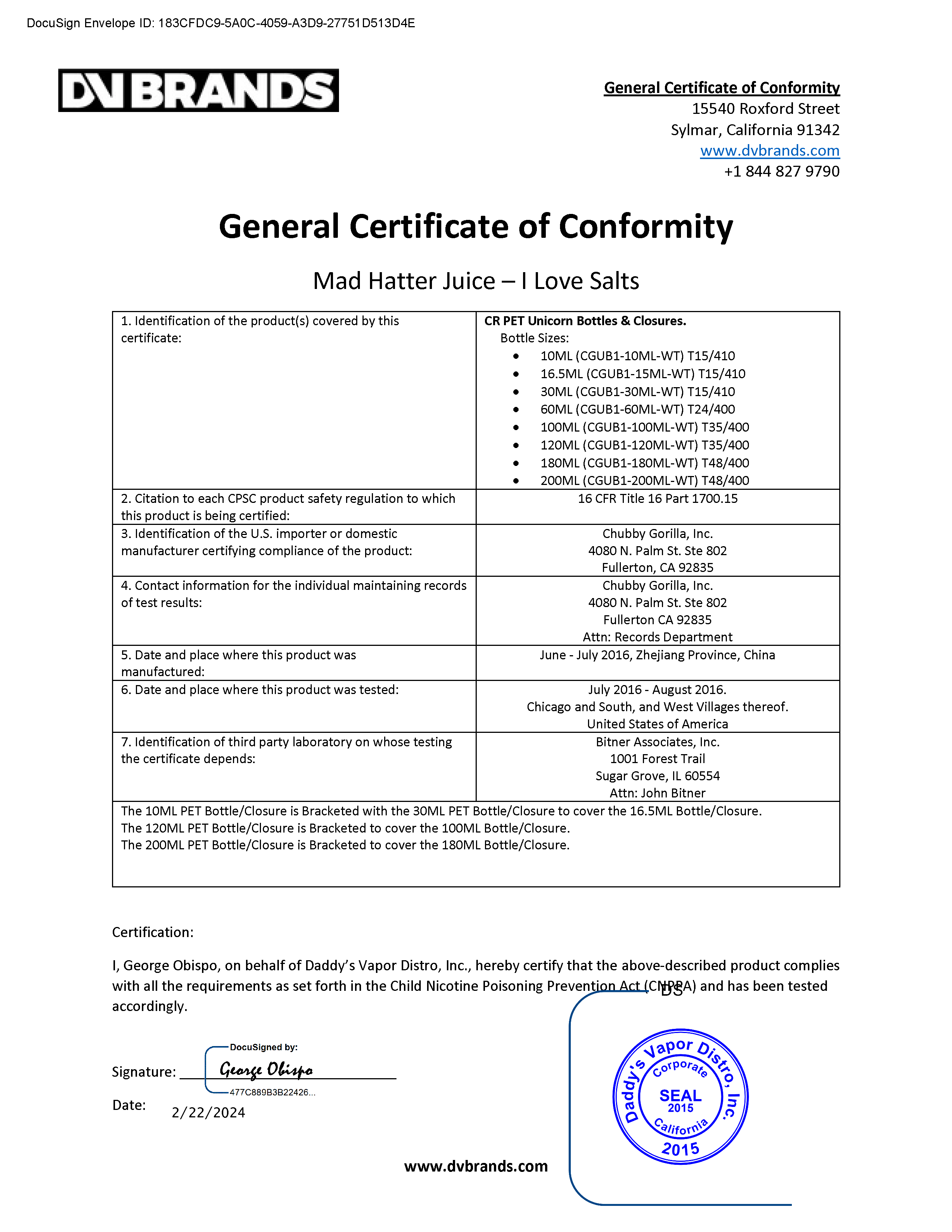 I love salts E-liquids General Certificate of Conformity