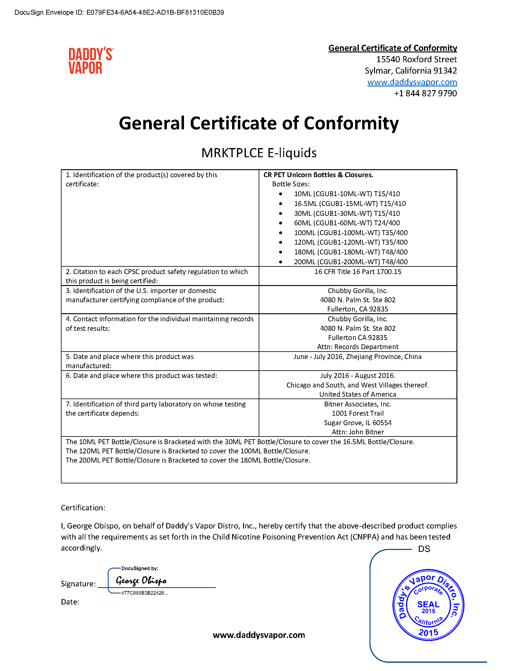 MRKT PLCE E-liquids General Certificate of Conformity