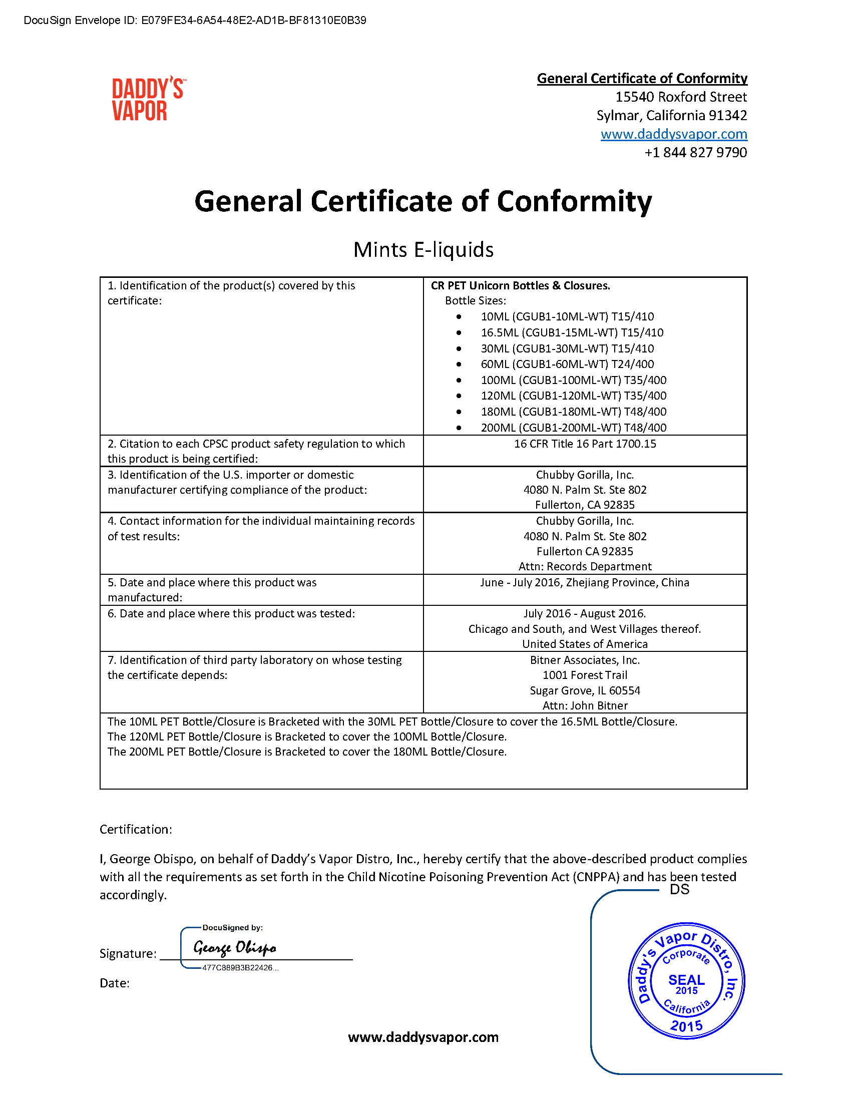Mints E-liquids General Certificate of Conformity