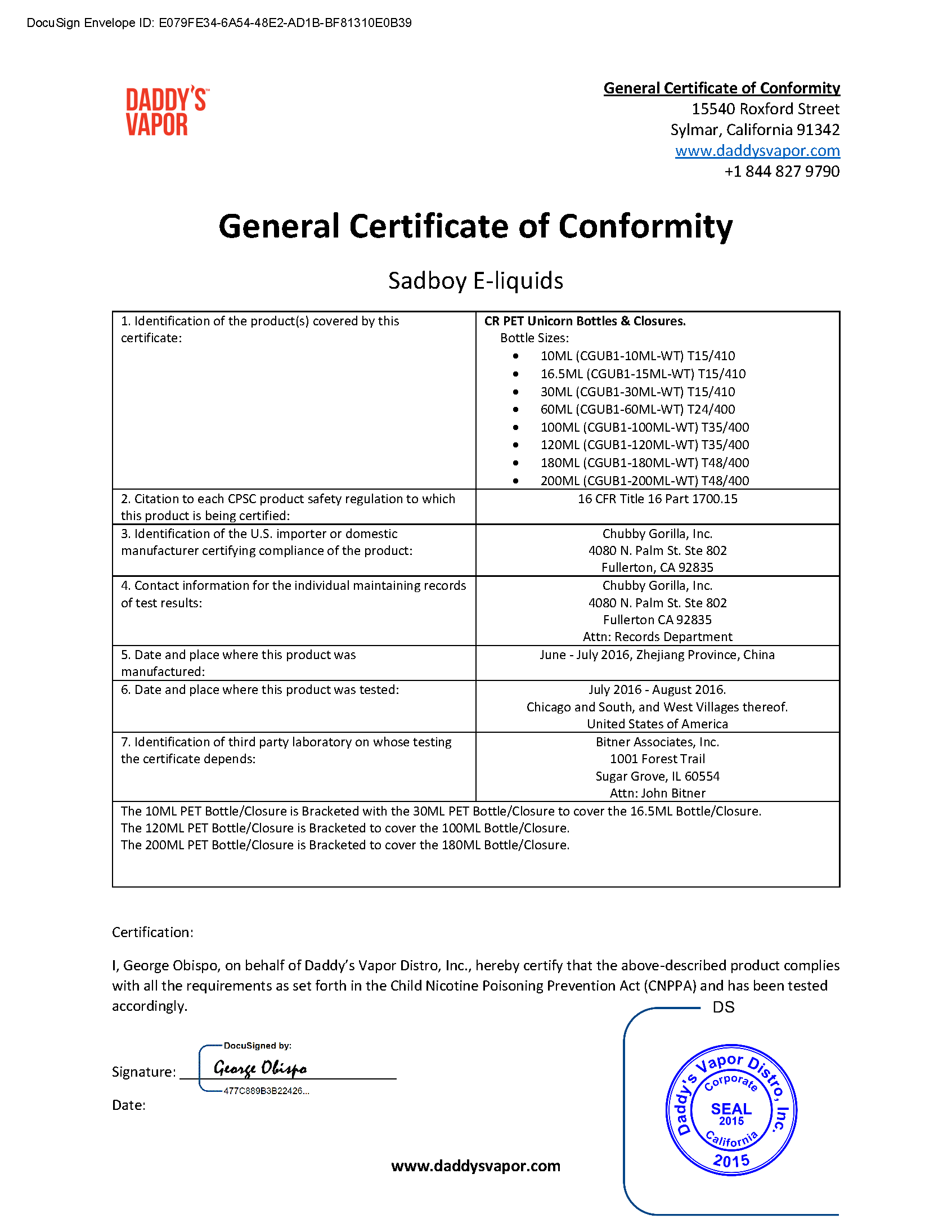 Sadboy E-liquids General Certificate of Conformity