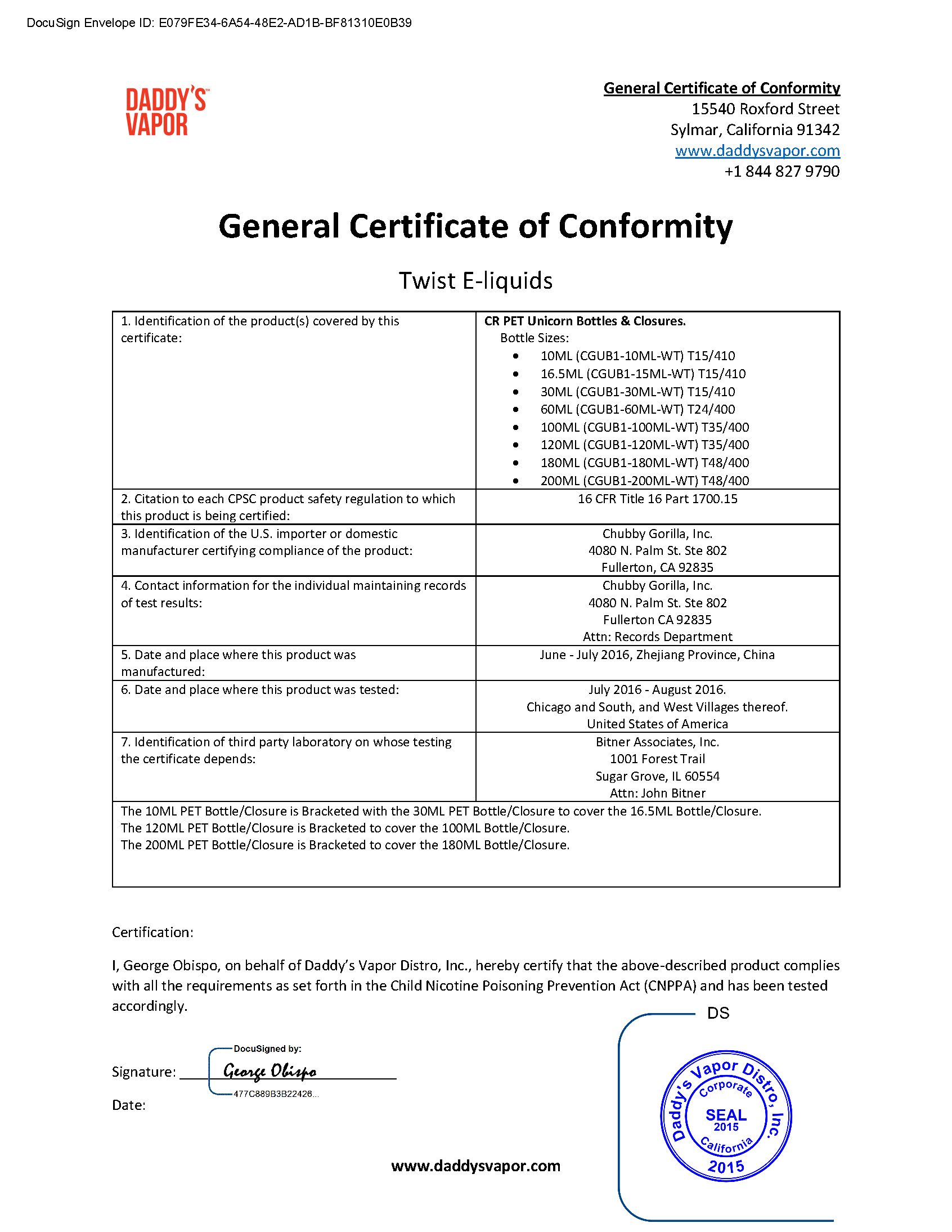 Twist E-liquids General Certificate of Conformity