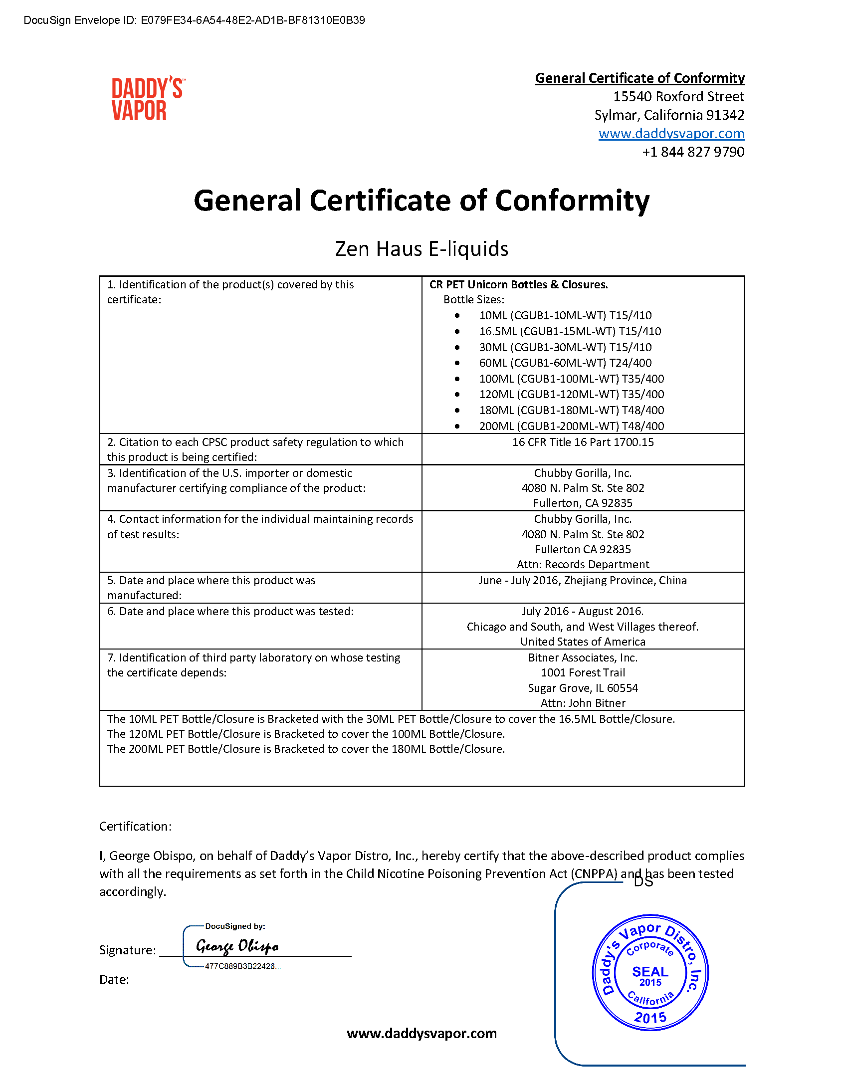 Zen Haus E-liquids General Certificate of Conformity