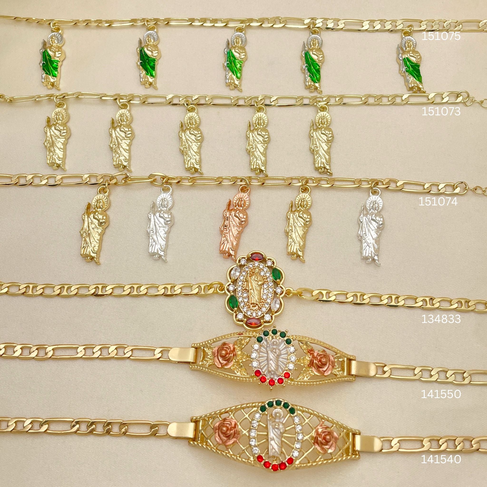 20 Religious San Judas Charm and Fancy Bracelets in Oro Laminado