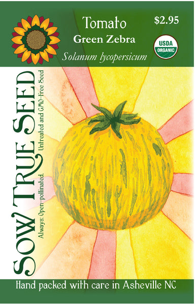 Artist designed packets of USDA organic Green Zebra Tomato from Sow True Seed Asheville NC. 