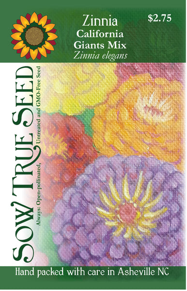 Artist designed packets of California Giants Zinnia from Sow True Seed Asheville NC. 