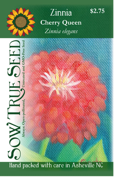 Artist designed packets of Cherry Queen Zinnia from Sow True Seed Asheville NC. 