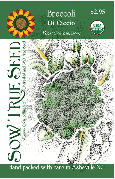 Artist designed packets of USDA organic Di Ciccio Broccoli from Sow True Seed Asheville NC. 