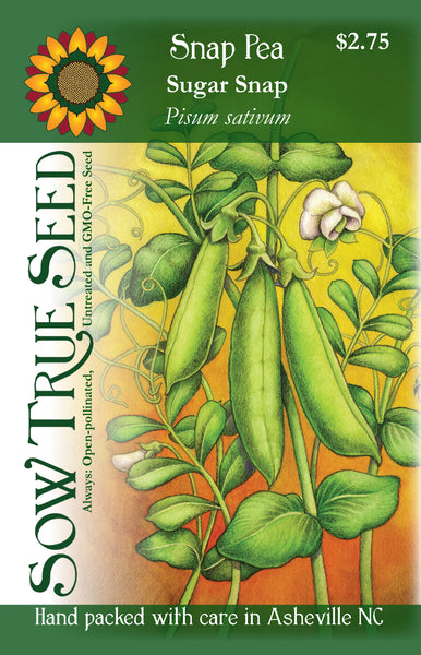 Artist designed packets of sugar snap peas from Sow True Seed Asheville, NC.