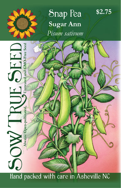 Artist designed packets of sugar ann snap pea from Sow True Seed Asheville NC.