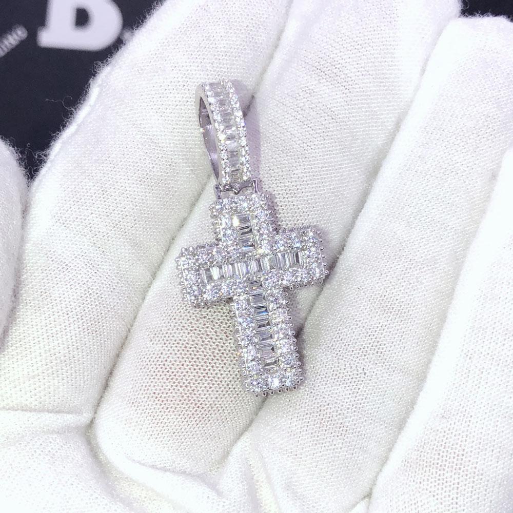 .925 Silver 3D Mini Cross Baguette VVS CZ Iced Out Pendant