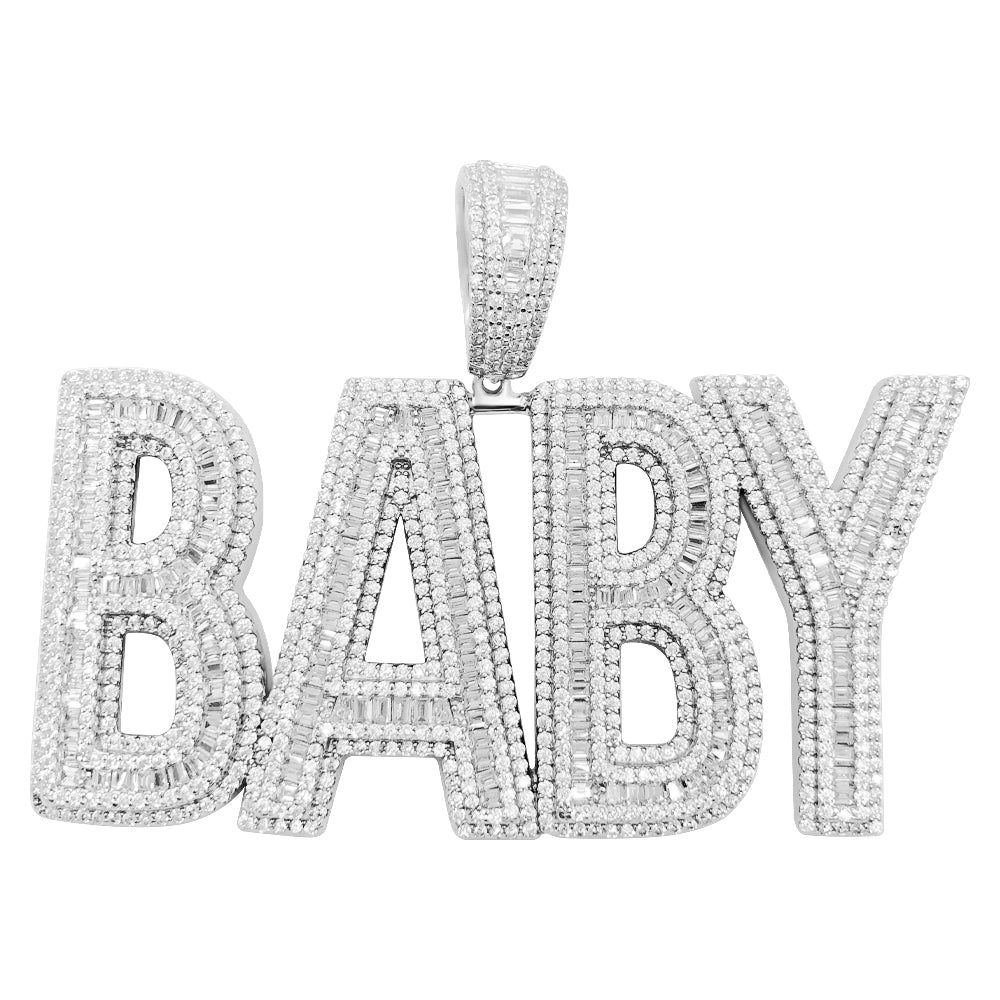 .925 Silver BABY Baguette CZ Iced Out Pendant