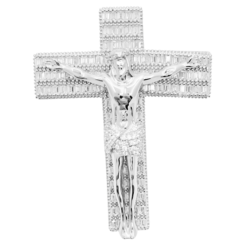 .925 Silver Jesus Crucifix Baguette CZ Iced Out Pendant