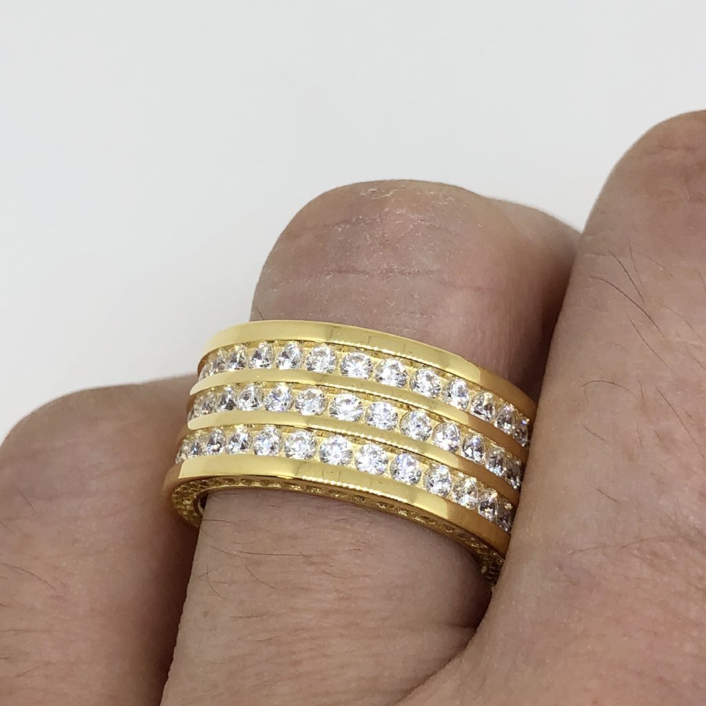 .925 Silver Triple Row CZ Eternity Band Bling Bling Ring In Gold