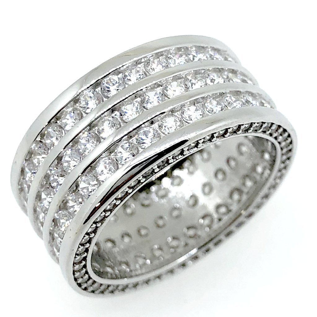 .925 Silver Triple Row CZ Eternity Band Bling Bling Ring In Rhodium