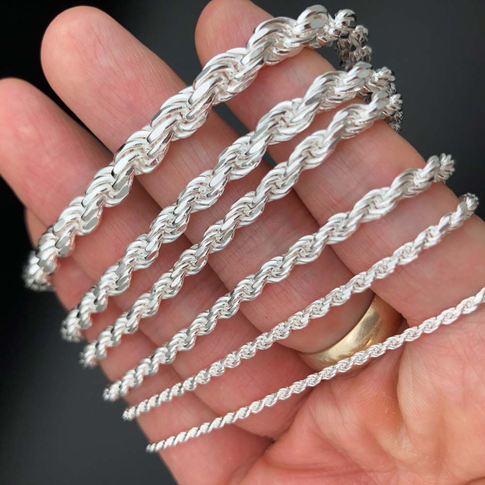 .925 Sterling Silver Diamond Cut Rope Chain / Bracelet