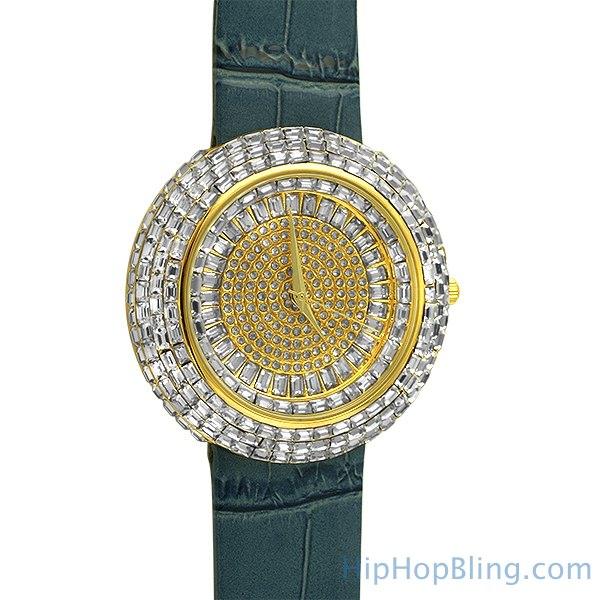 Baguette Ice Orbit Gold Bling Bling Watch Blue