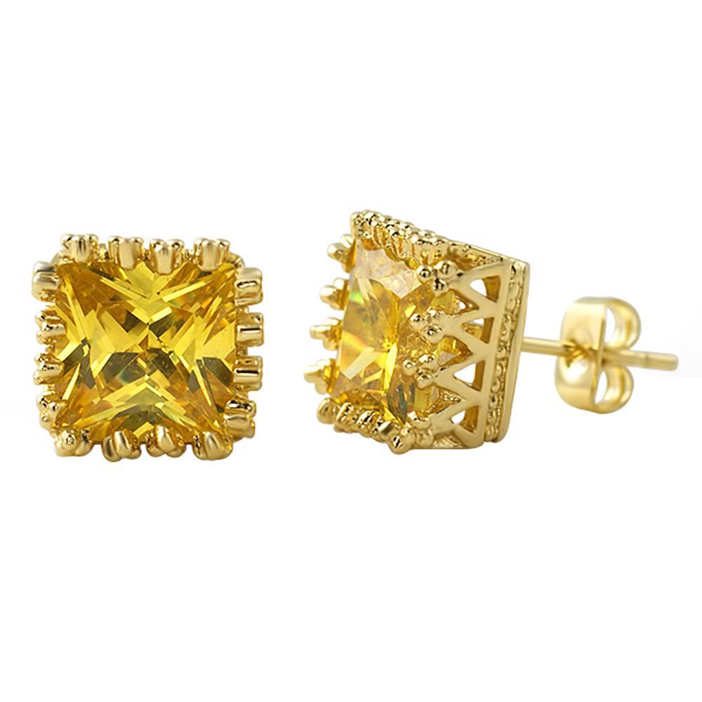 Canary Gold Big Crown Princess Cut CZ Earrings