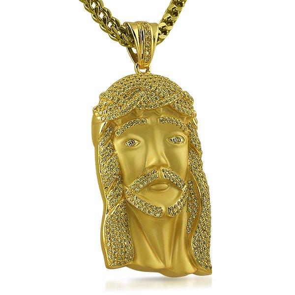 Canary Gold Jesus Piece CZ Iced Out Pendant Micro Pave