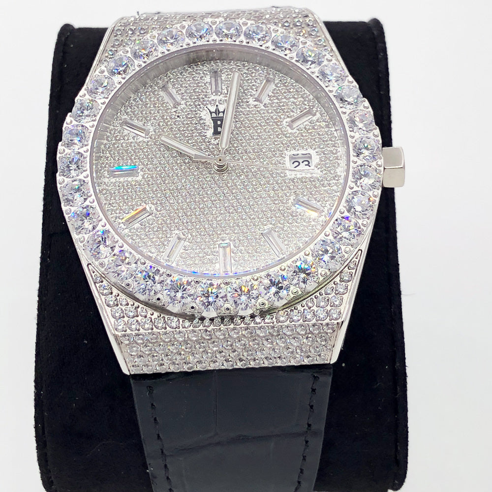 Crown Leather Iced Out Hip Hop Bling Bustdown Watch
