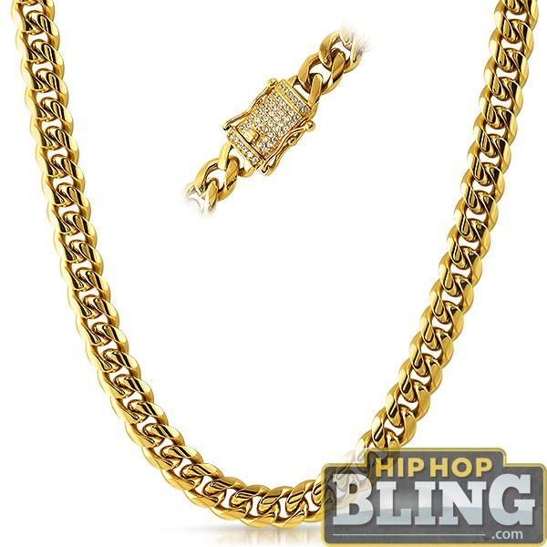 CZ Diamond Lock Cuban Chain 10MM Gold Steel