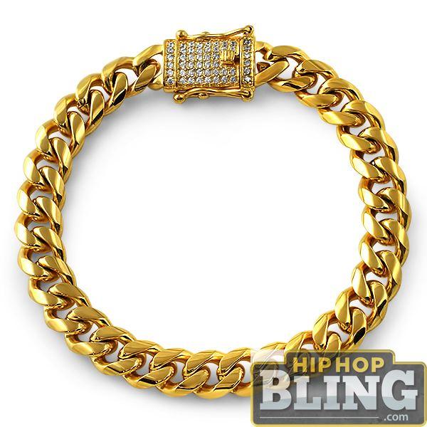 CZ Diamond Lock Gold Steel Cuban Bracelet 10MM