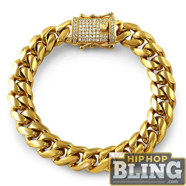 CZ Diamond Lock Gold Steel Cuban Bracelet 14MM