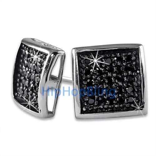 Deep Box Medium Black CZ Micropave Earrings .925 Silver