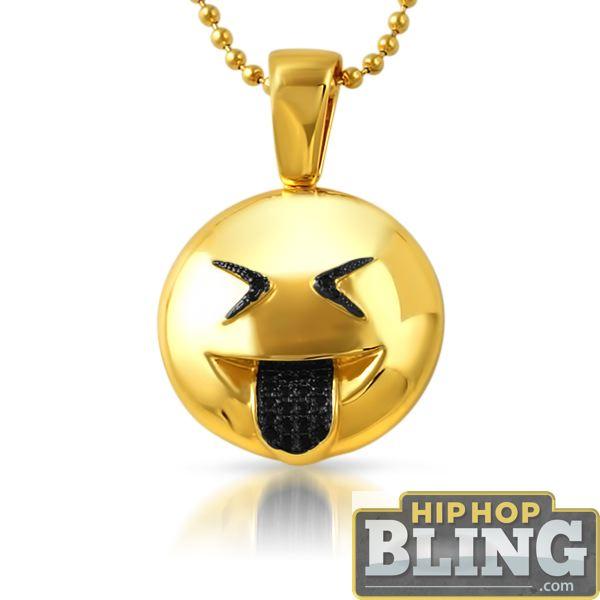 Emoji Sticking Out Tongue Face CZ Gold Bling Bling Pendant