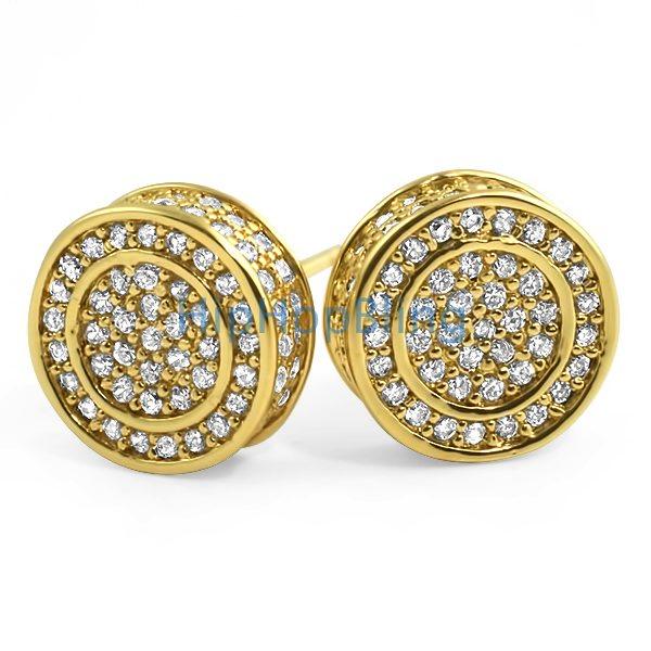 Large 3D Circle Gold CZ Bling Bling Earrings