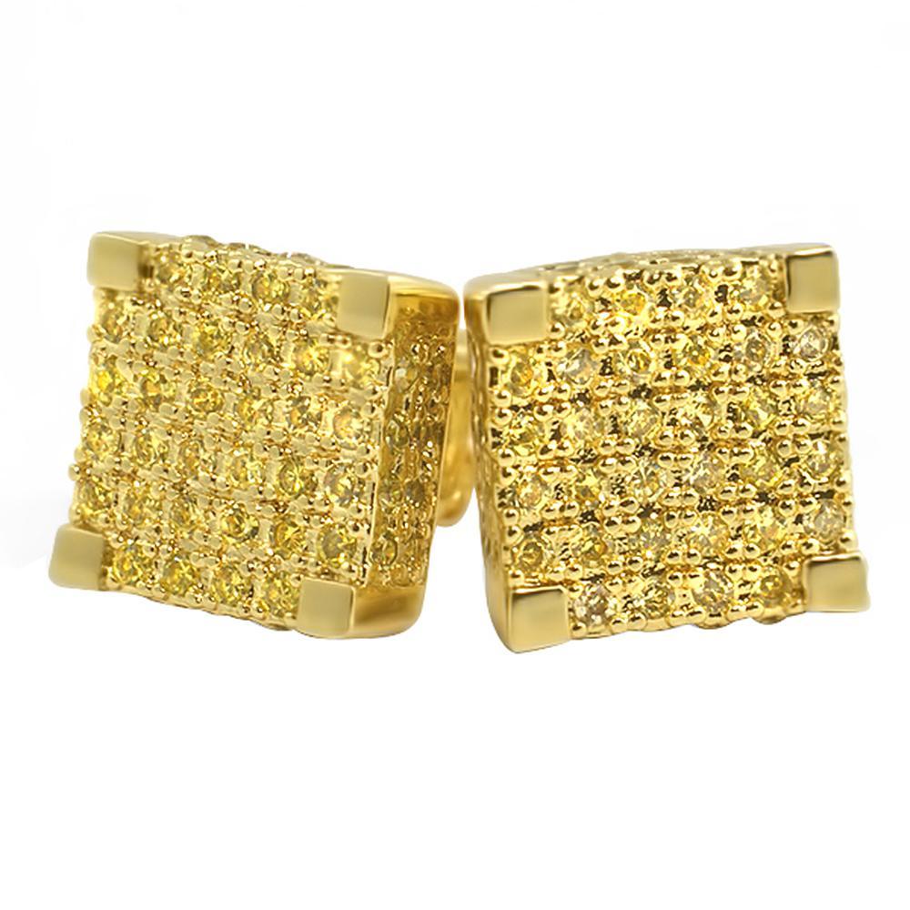 Large 3D Cube Canary Gold CZ Iced Out Earrings
