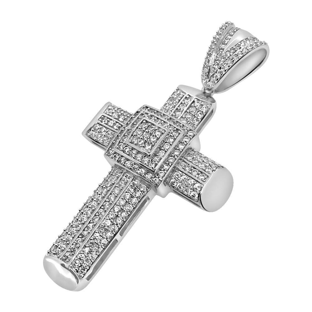 Puffed Box Cross Bling Bling CZ Micro Pave Pendant