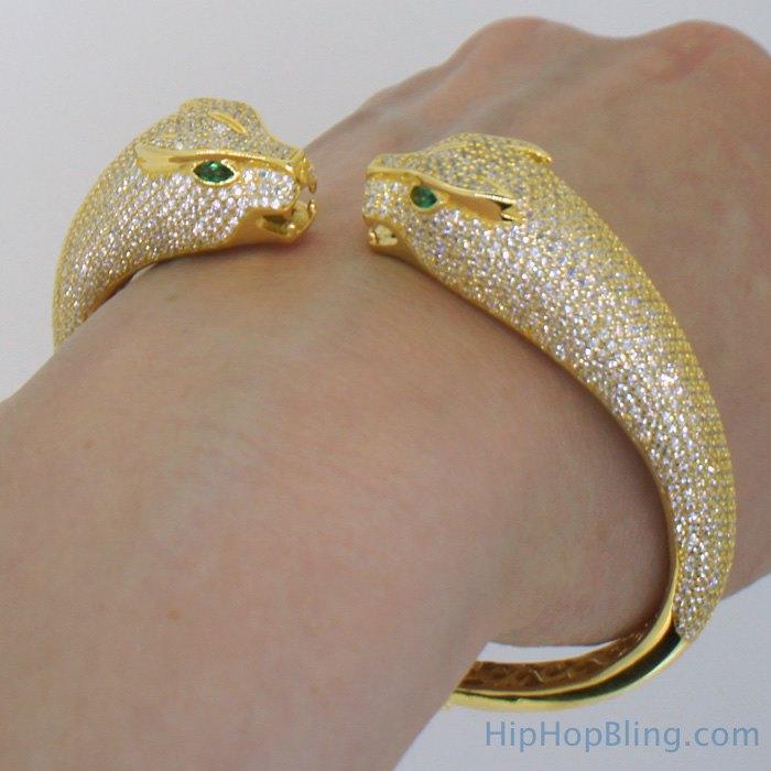 Womens Gold Tiger 3D CZ Bangle .925 Silver