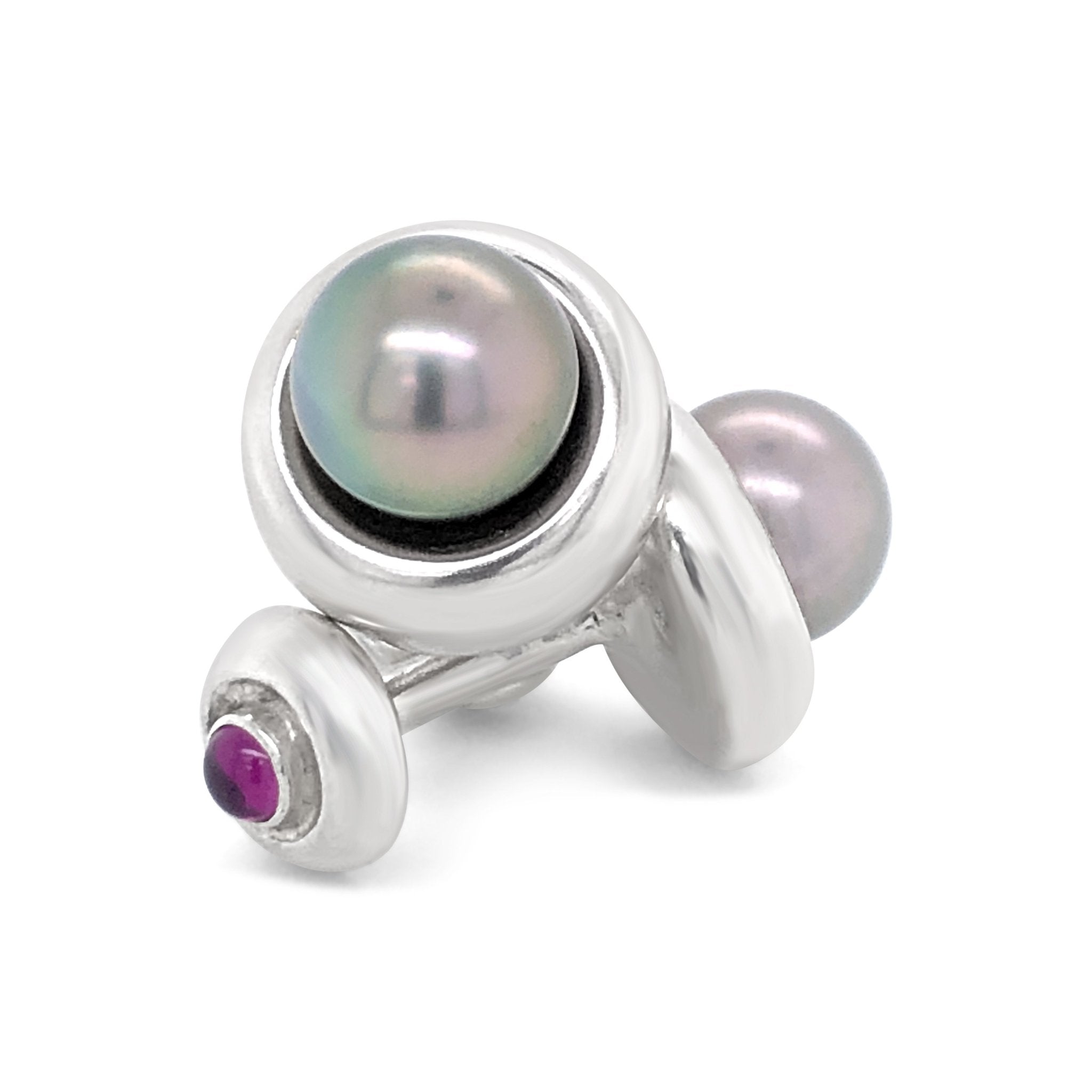 Tahitian Pearl and Rhodolite Garnet Cufflinks in Sterling Silver.