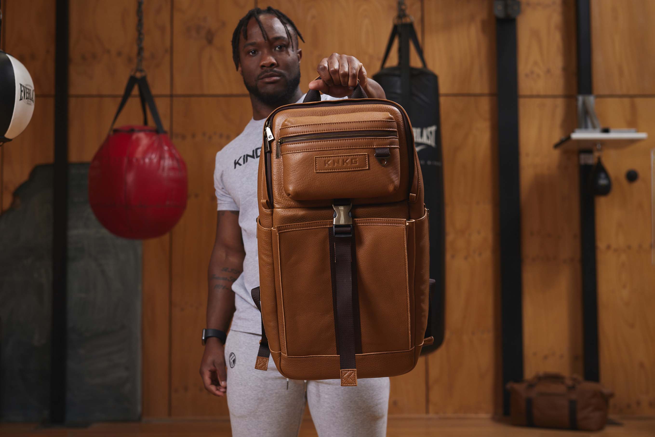 Brown leather backpack with shoe compartment