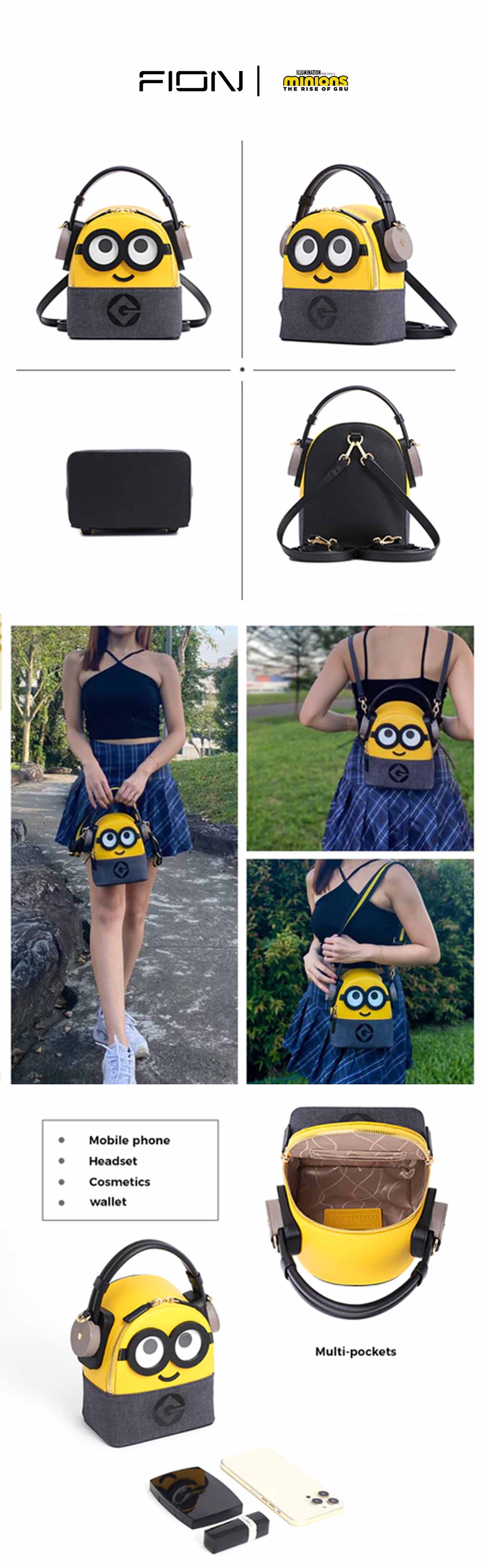 Minions Denim with Leather Backpack - Shop FION Messenger Bags