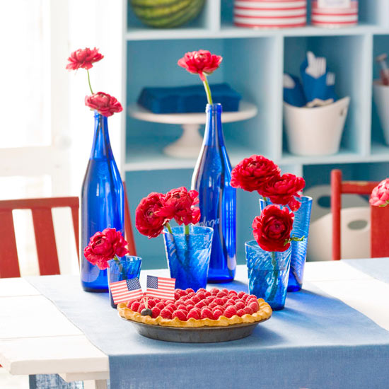 blue jars and pick red peonies