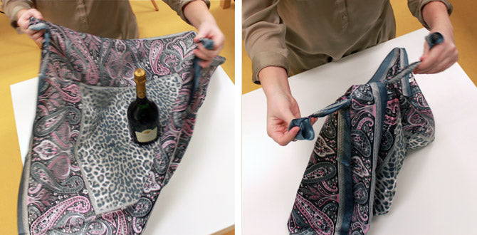 Tying the first 2 corners in a knot at the midpoint of the bottle's bore with a square animal print scarf