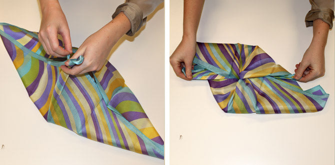 Tying the first 2 corners in a knot at the midpoint to wrap the DVD in a square scarf