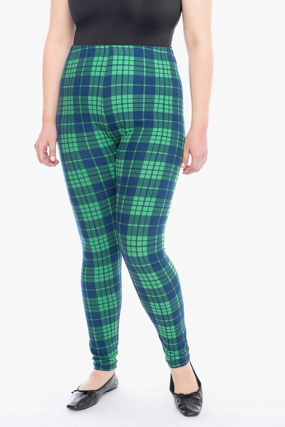 One Size Blue Checkered Plaid Print Leggings