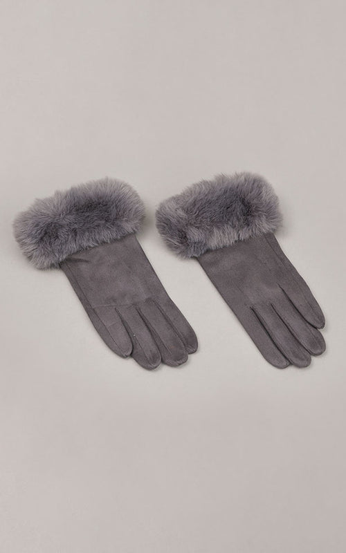 grey fur trimmed gloves