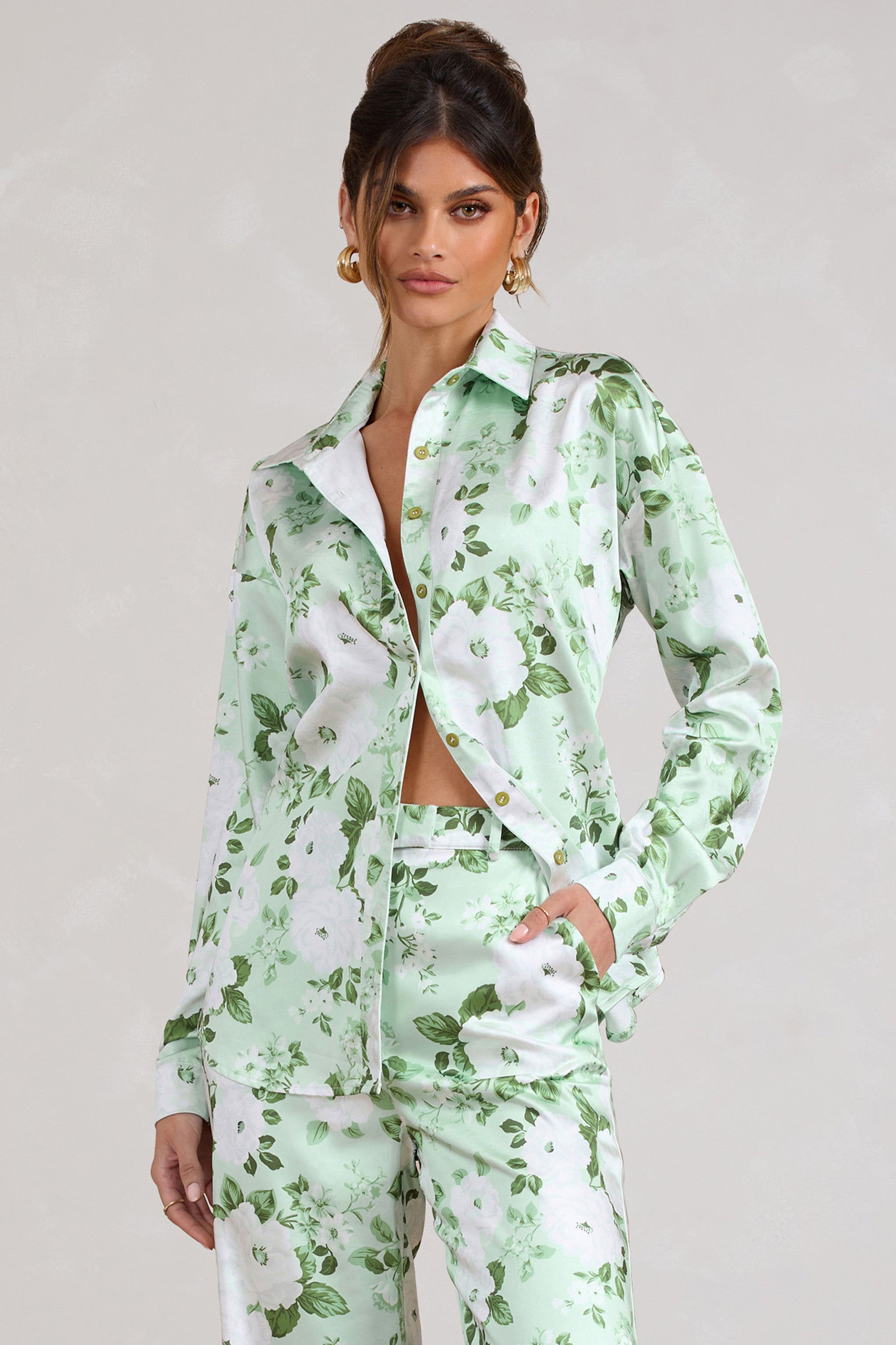 Limitless | White & Green Floral Print Satin Oversized Shirt