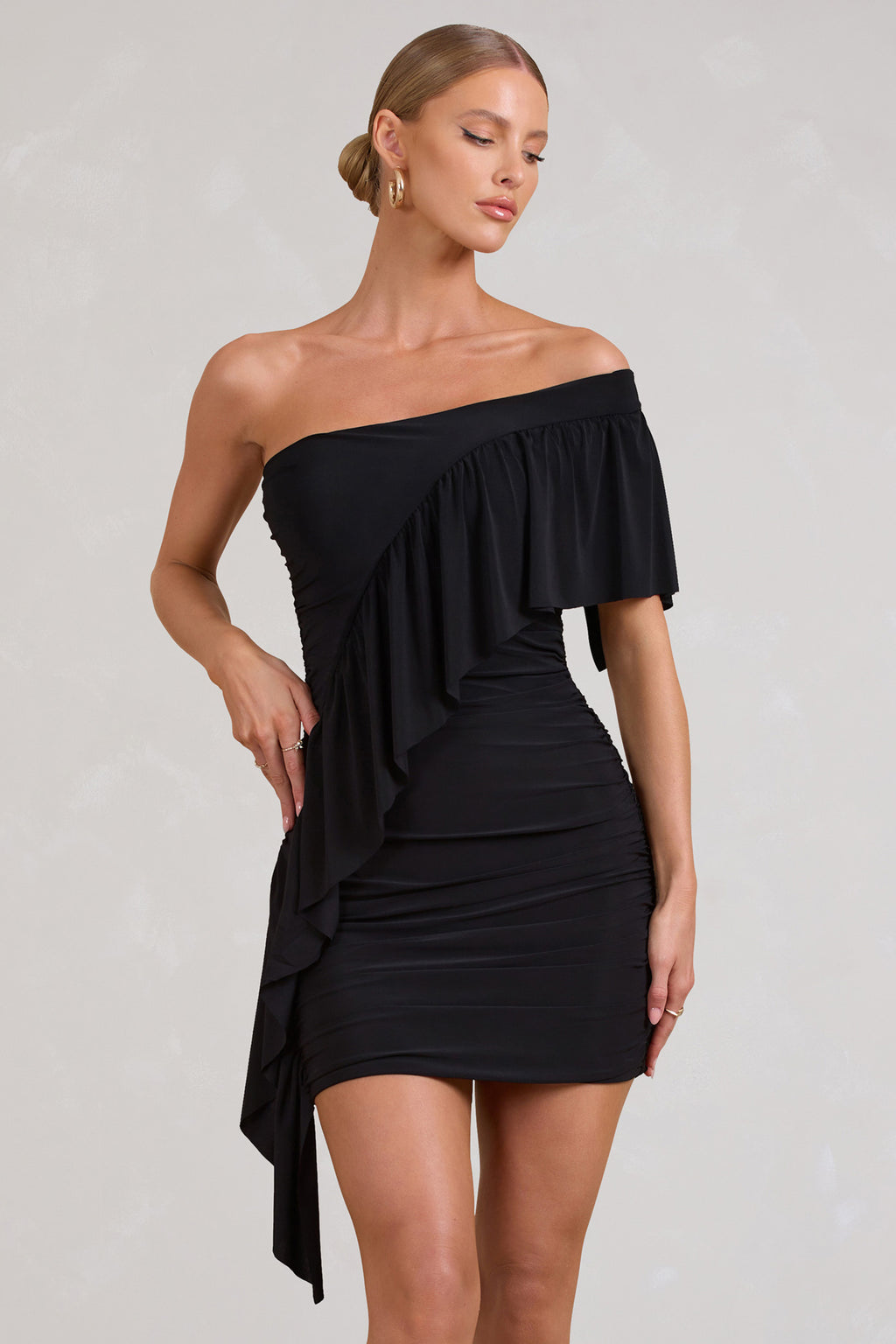 Perfect Black asymmetrical ruched mini dress with trendy ruffles