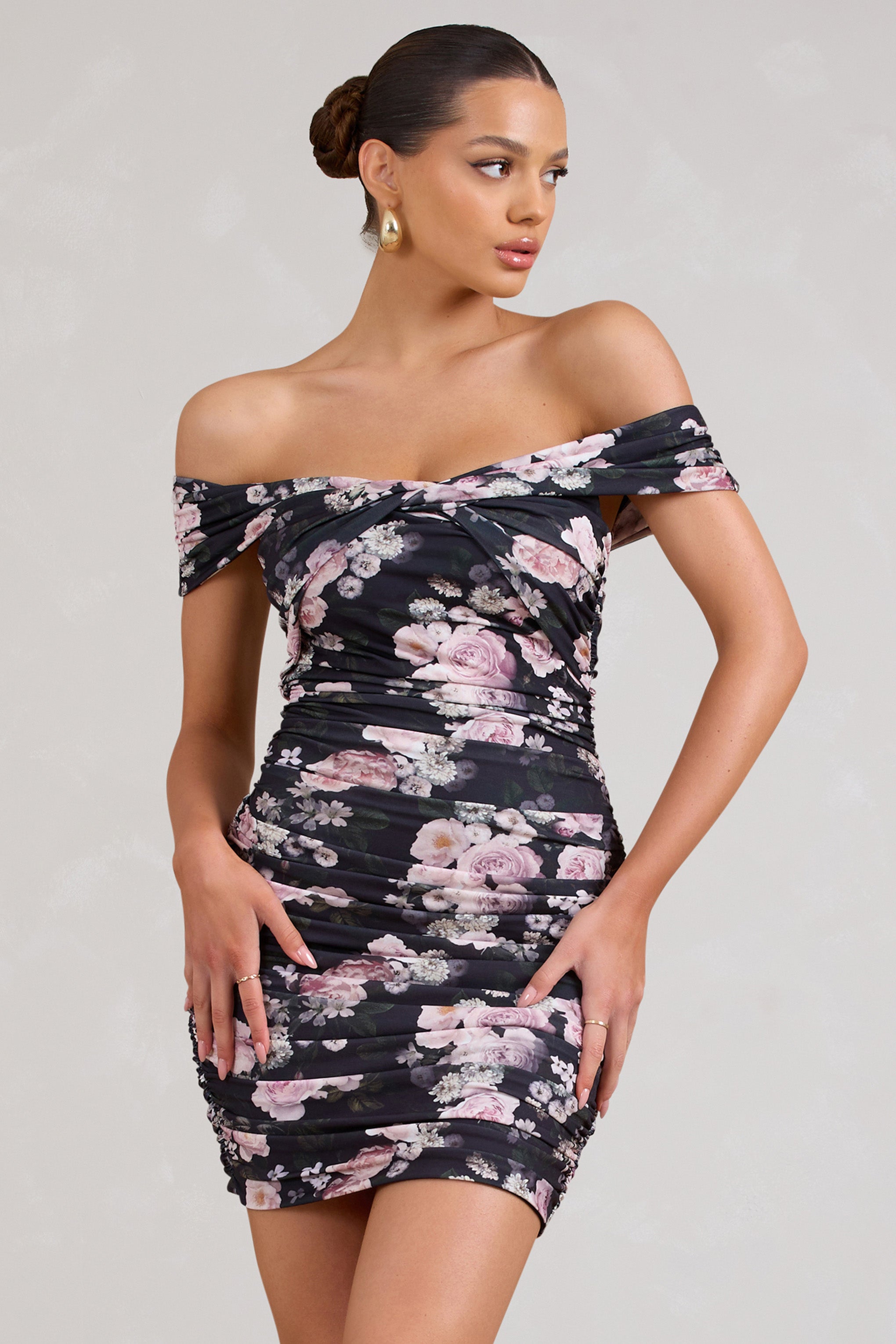 Thorn | Black Floral Bardot Bodycon Mini Dress product