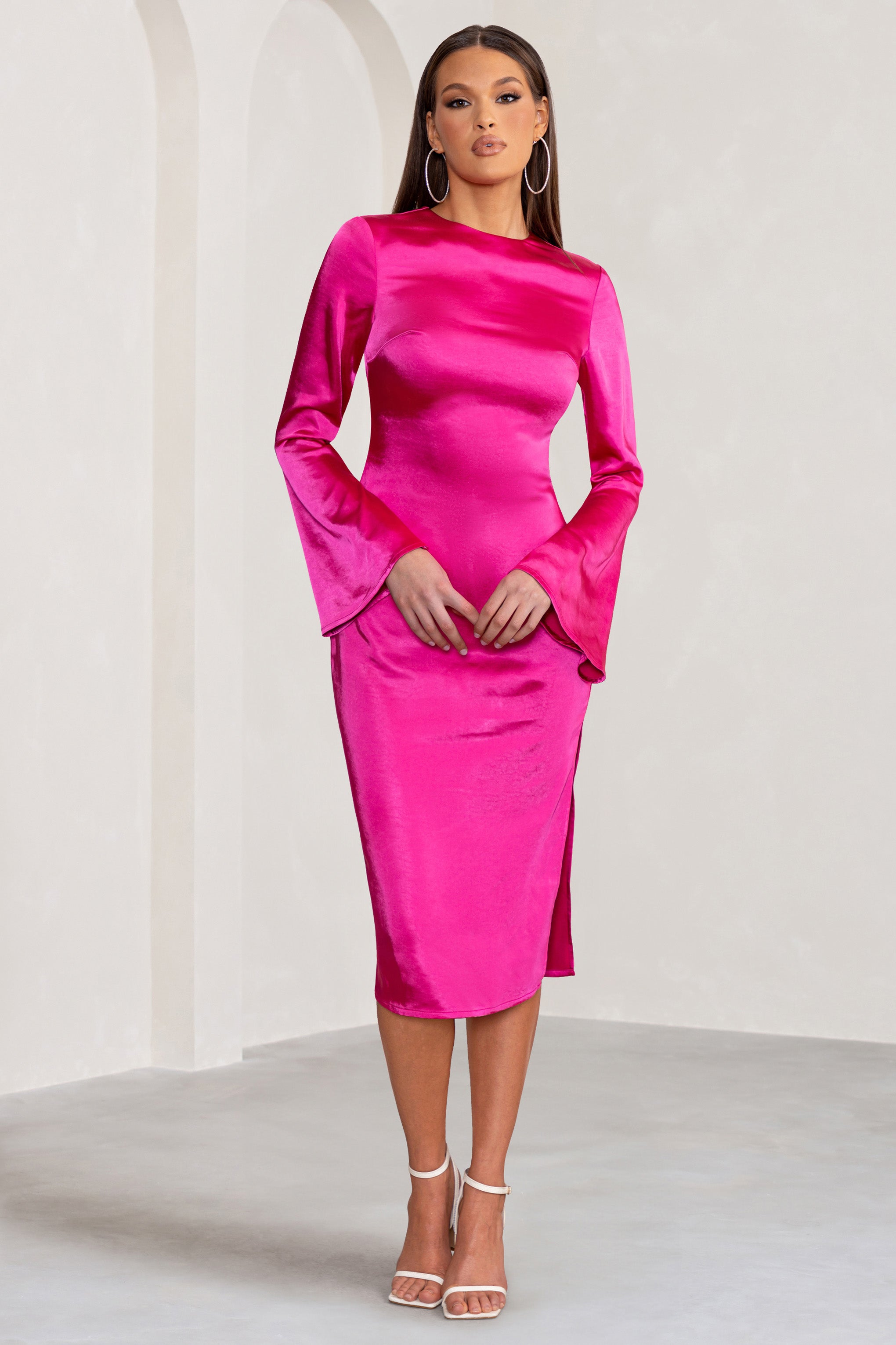 Zaina | Hot Pink Long Sleeve Midi Dress with High Neckline